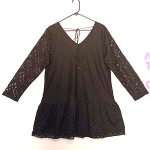 NWT Velzera Boho Tassel Tie Mini Dress lace ruffle Long Sleeve Black Sz L, Party